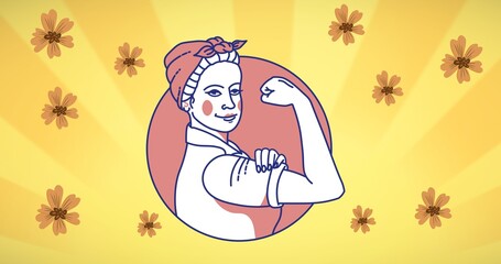 Composition of tightening her muscles on yellow background