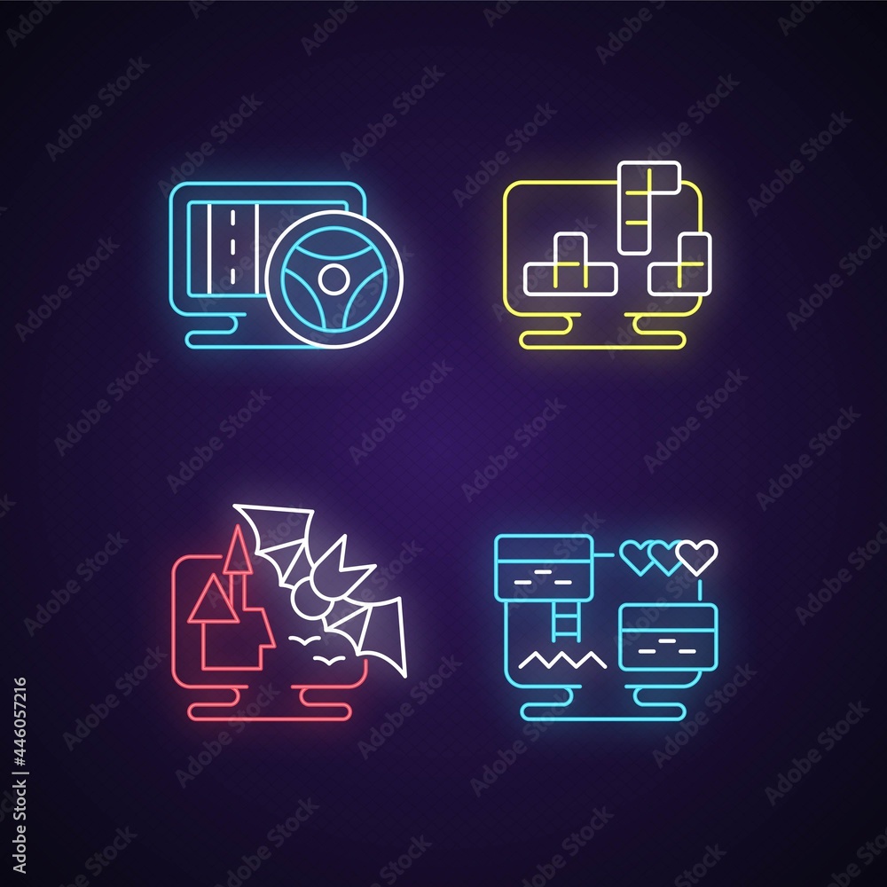 Poster life simulator games types neon light icons set. vehicles controlling games. interesting block puzzl