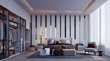 3d rendering,3d illustration, Interior Scene and  Mockup, Bedroom and dressing room in gray tones modern furniture The wall of the bed is decorated with a gray mirror. ceiling hidden lights.