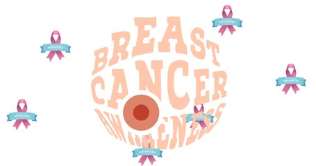 Composition of pink breast cancer ribbons on white background