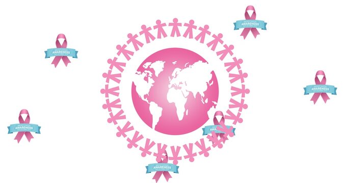 Composition of pink breast cancer ribbons and globe on white background
