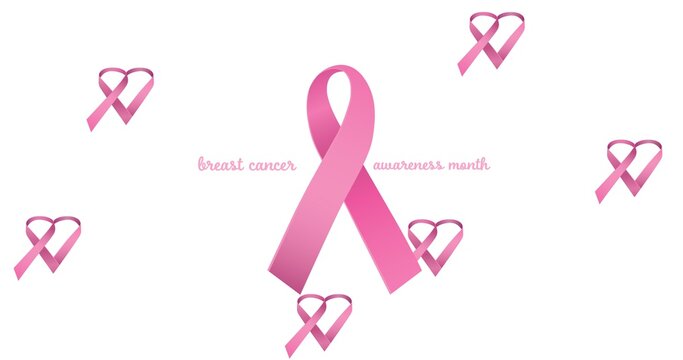Composition of pink breast cancer ribbons on white background