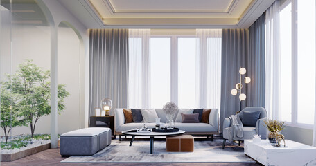 3d rendering,3d illustration, Interior Scene and  Mockup, Living room with garden view gray furniture floor lamp gray carpet floor.