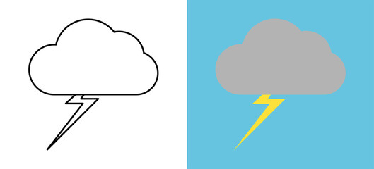 Set with different weather icons. Icons of cloud and lightning on a white and blue background. Cloudy vector logo. Linear and color logo.
