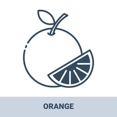 Fresh orange outline monochrome icon with title. Vector monochrome illustrations isolated on white background. Healthy food concept.