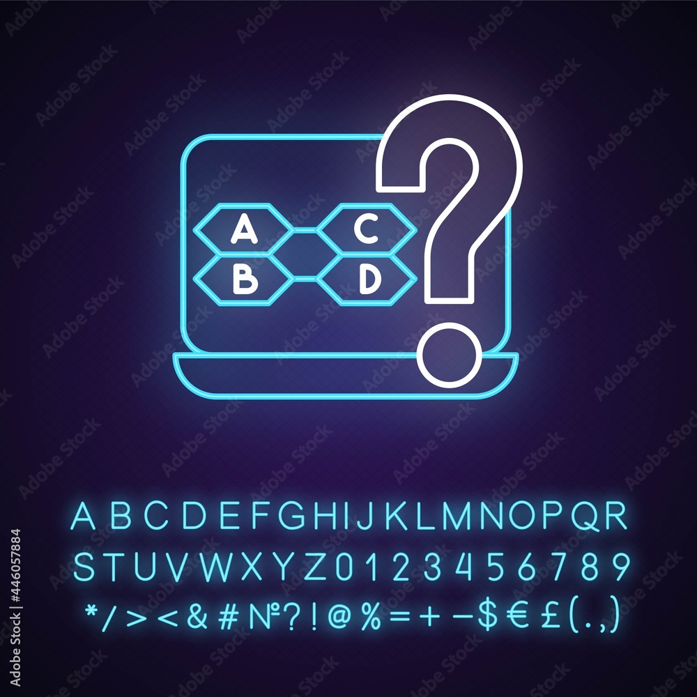 Aufkleber trivia games neon light icon. demonstrating knowledge in different categories. outer glowing effect.