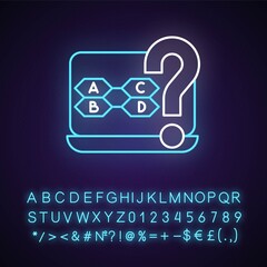 Trivia games neon light icon. Demonstrating knowledge in different categories. Outer glowing effect. Sign with alphabet, numbers and symbols. Vector isolated RGB color illustration