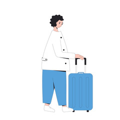 Tourist character with bags. Female person isolated with luggage.