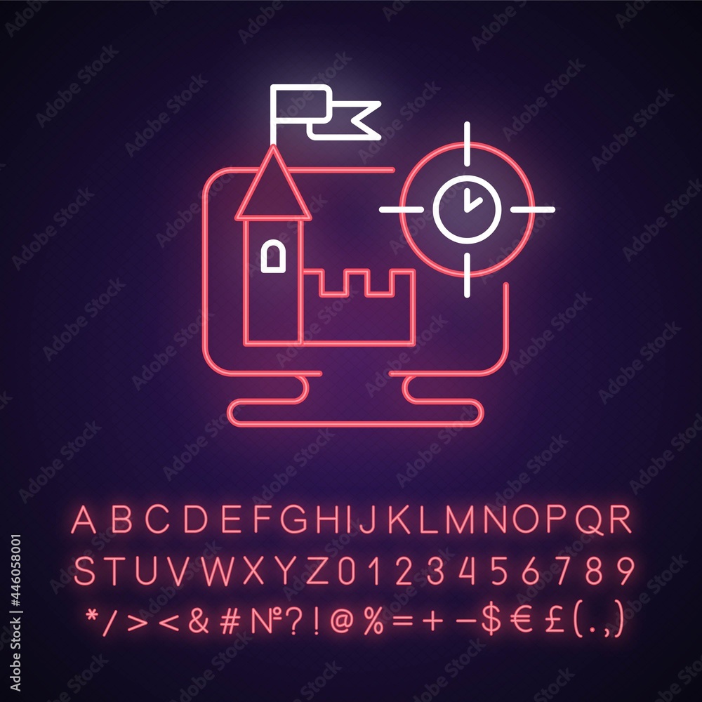 Poster real time strategy game neon light icon. player controling units on digital battleground. outer glow