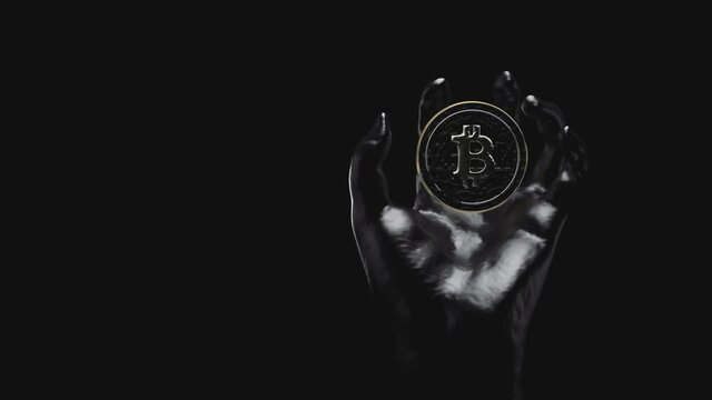 3D Hand with physical 3D coin bitcoin on black background. Cryptocurrency power concept, 4k, Loop ready clean