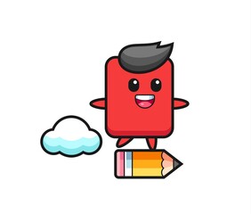 red card mascot illustration riding on a giant pencil