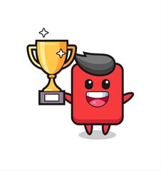 Cartoon Illustration of red card is happy holding up the golden trophy