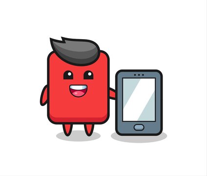 red card illustration cartoon holding a smartphone