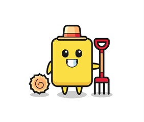 Mascot character of yellow card as a farmer
