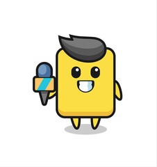 Character mascot of yellow card as a news reporter