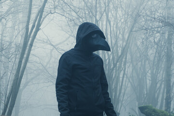 A scary hooded figure wearing a Halloween plague doctors mask. In a foggy winters forest.