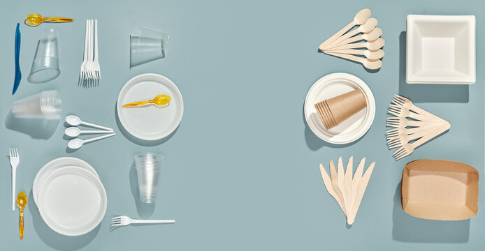 Disposable plastic and paper dishes. Biodegradable alternative to plastic. Zero waste concept