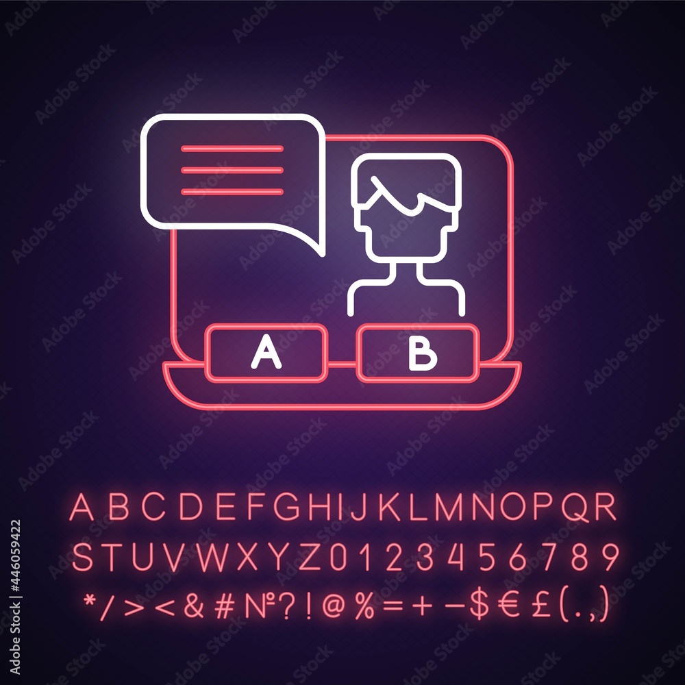 Poster visual novel neon light icon. simple gameplay interactions for users. outer glowing effect. sign wit
