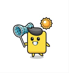 yellow card mascot illustration is catching butterfly