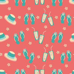 Vector travel fun seamless pattern background with flip flops, hats, shells, drinks glasses, sun. Tropical repeat with aqua blue vacation icons on hot pink backdrop.For summer, beach holiday concept