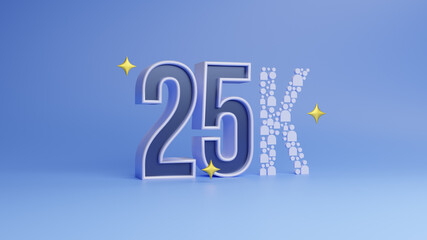 25k followers celebration Social media achievement poster. Template for social networks, blogs. Social media celebration banner with blue background. 25k online community fans.