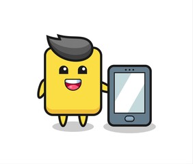yellow card illustration cartoon holding a smartphone