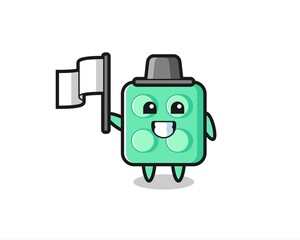 Cartoon character of brick toy holding a flag
