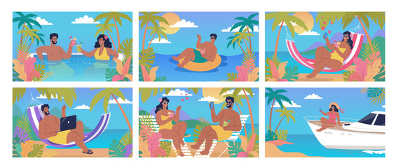 Young people resting on the tropical resort island vector illustration set