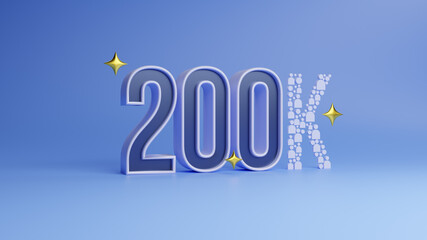 200k followers celebration Social media achievement poster. Template for social networks, blogs. Social media celebration banner with blue background. 200k online community fans.