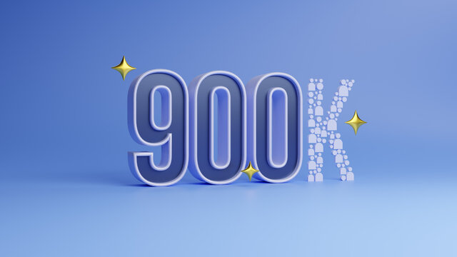 3D rendering Number 900K, meaning ninety thousand, on blue background. Holiday Party Decoration, 900k followers or likes, social media, or postcard concept.
