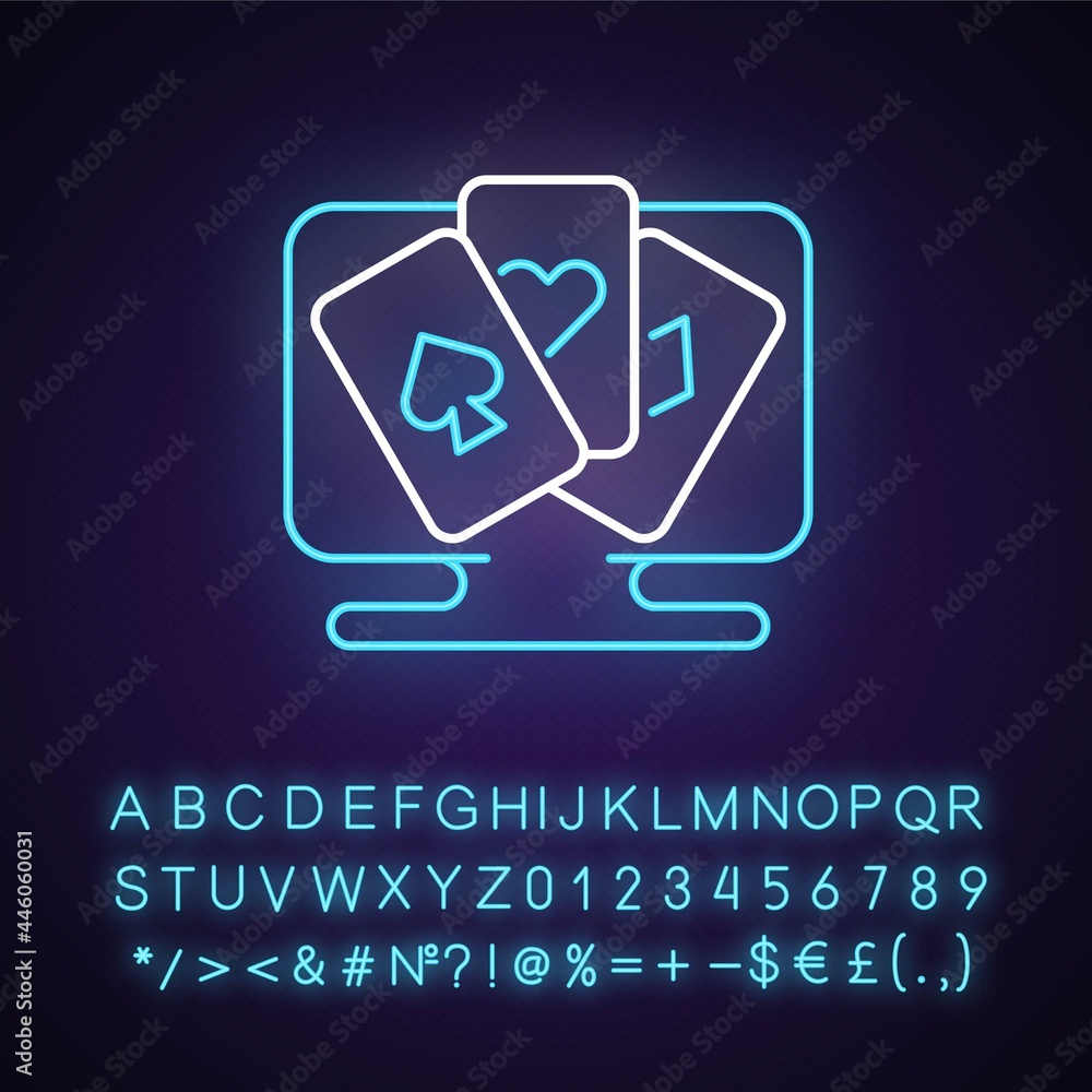 Poster card game neon light icon. activity which uses playing cards for player interaction. outer glowing e