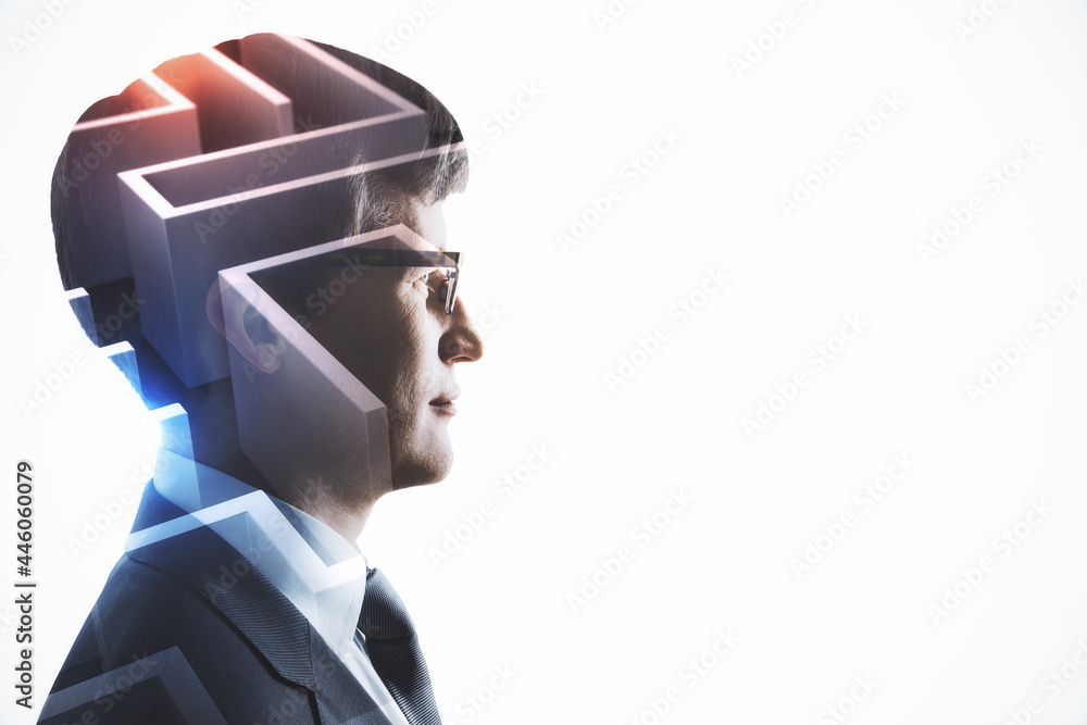 Aufkleber Personal development and brainstorming concept with piece of maze in businessman head on light blank background with copyspace. Mock up