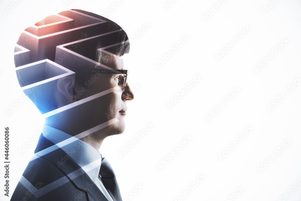 Poster abstract side portrait of businessman with maze abstraction on white background with mock up place. 