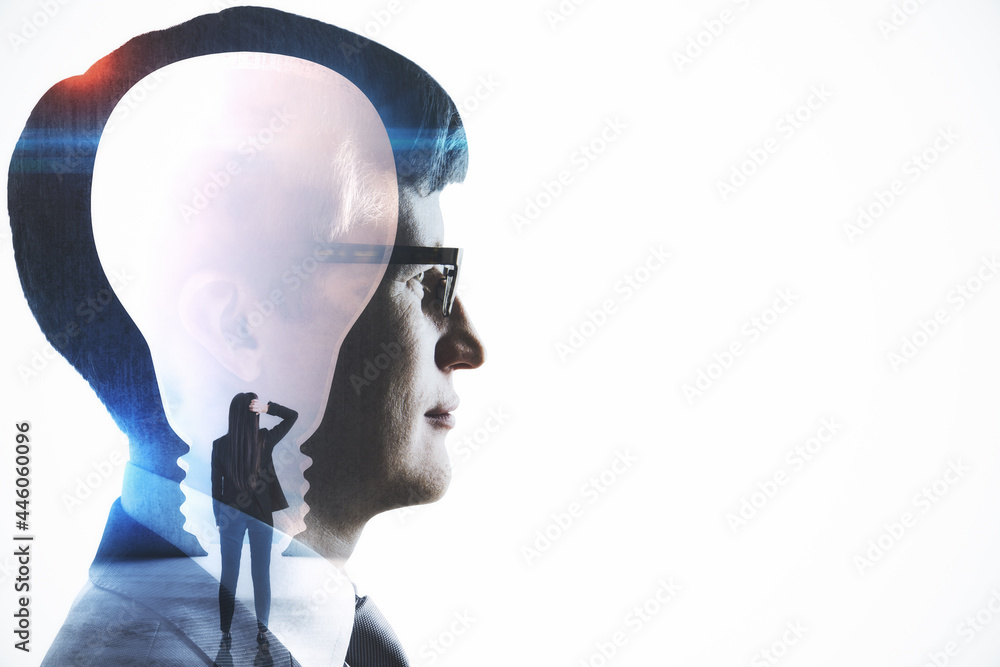 Poster Abstract side portrait of businessman with light bulb abstraction on white background with mock up place. Idea and innovation concept. Double exposure.