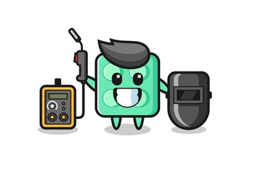 Character mascot of brick toy as a welder