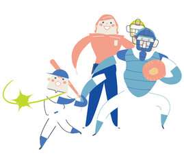 ビットを放つ少年と見上げるキャッチャーと審判　イラスト素材
