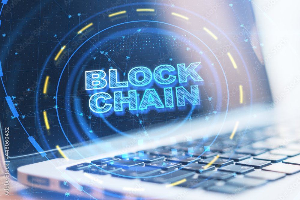 Aufkleber Close up of laptop on notebook with abstract blockchain interface. Cryptocurrency and technology concept. Double exposure.