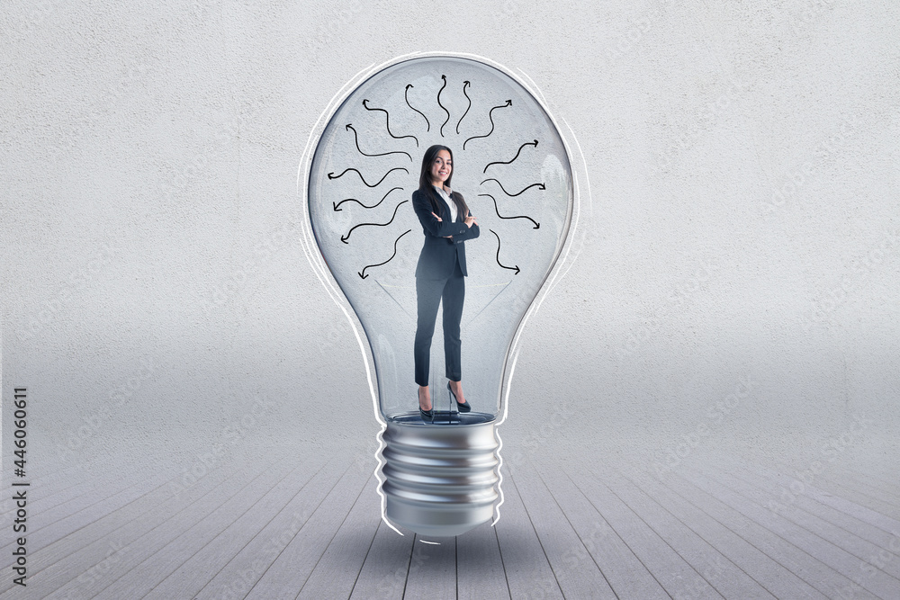 Poster lamp with businesswoman inside and arrows on concrete wall background. brainstoring and idea concept