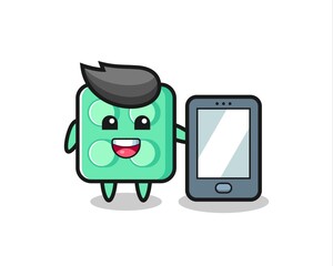 brick toy illustration cartoon holding a smartphone