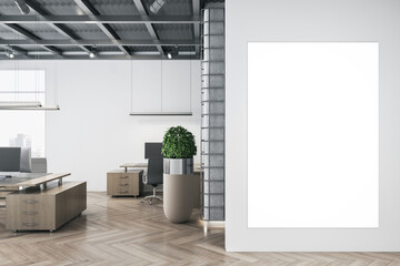 Contemporary office interior with empty mock up poster, panoramic window and bright daytime city view, furniture and equipment. 3D Rendering.