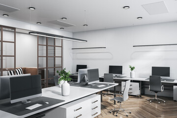 Scandinavian office interior with panoramic window and bright daytime city view, furniture and equipment. 3D Rendering.