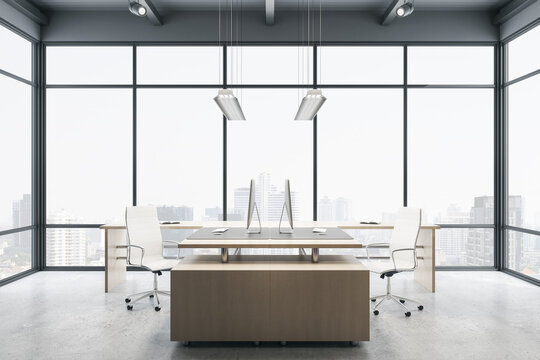 New office interior with panoramic window and bright daytime city view, furniture and equipment. 3D Rendering.