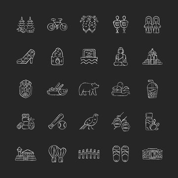 Taiwan chalk white icons set on dark background. Taiwanese traditional national items. Asian cultural black concentration elements pack. Isolated vector chalkboard illustrations on black
