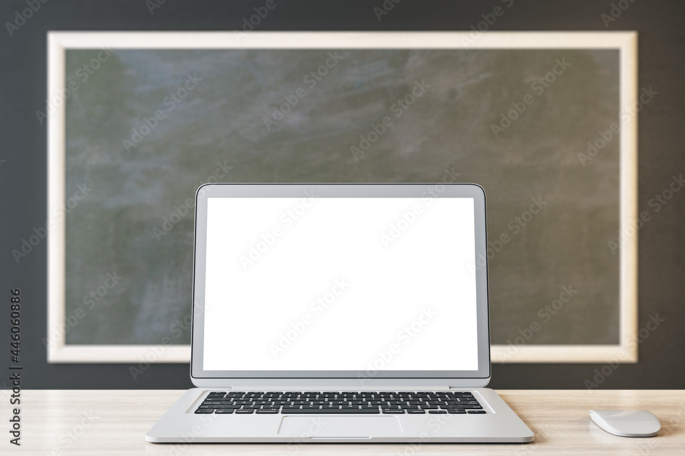 Poster close up of empty white laptop and mouse on chalkboard background, education, seminar, workshop and 