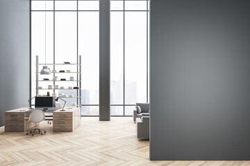Obraz na płótnie Canvas Spacious office interior with empty mock up place on wall, panoramic window and bright daytime city view, furniture and equipment. 3D Rendering.