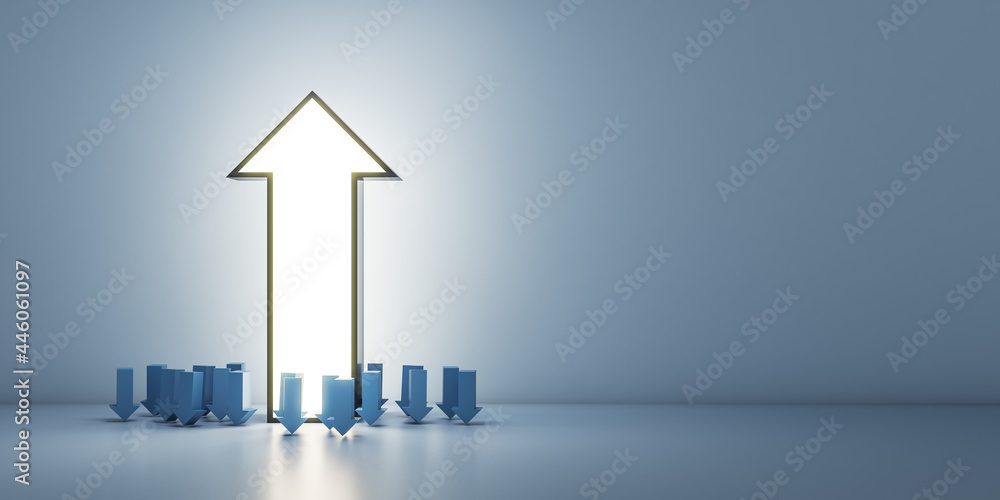 Poster huge glowing upward arrow and many small downward facing ones on concrete interior background with m