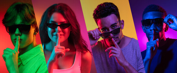 Portraits of group of people on multicolored background in neon light, collage.