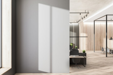 Sunny blank wall with shadow in modern eco style open space office with wooden wall, floor and tabletops on work places. 3D rendering, mockup