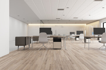 Modern concrete coworking office interior with daylight, wooden flooring furniture and equipment. 3D Rendering.