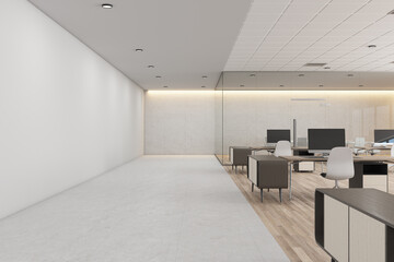 Fototapeta premium White concrete coworking office interior with daylight, furniture and equipment. 3D Rendering.